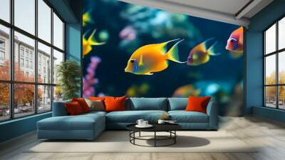 A group of colorful tropical fish swimming in the water, with vibrant colors and beautiful coral reefs around them Wall mural