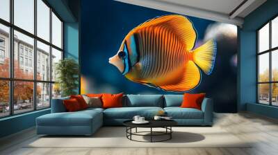 A group of colorful tropical fish swimming in the water, with vibrant colors and beautiful coral reefs around them Wall mural