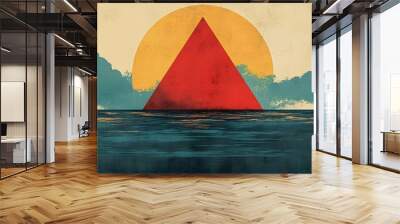 A red circle and a yellow triangle, reflecting in the water of an ocean, surrounded by clouds, Japanese style Wall mural