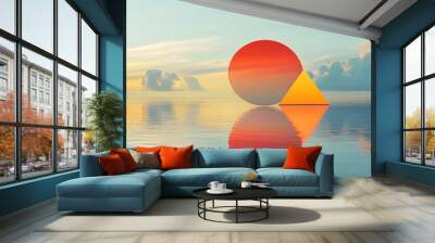 A red circle and a yellow triangle, reflecting in the water of an ocean, surrounded by clouds, Japanese style Wall mural