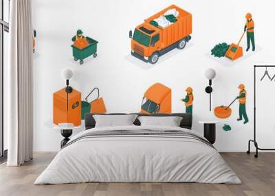 A set of orange and green icons representing garbage collection. Vector graphics on a white background depict an orange truck with trash cans in the back, a man wearing a uniform carrying Wall mural