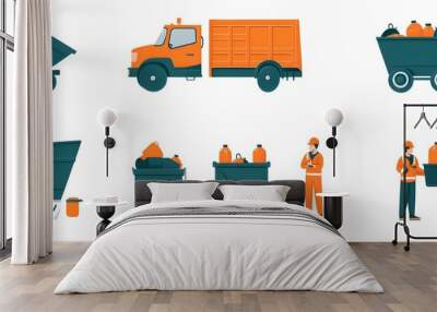 A set of orange and green icons representing garbage collection. Vector graphics on a white background depict an orange truck with trash cans in the back, a man wearing a uniform carrying Wall mural