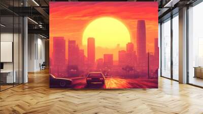 A synthwave background with palm trees and the sun setting behind an urban skyline, featuring retro-futuristic elements like vintage cars and neon lights Wall mural