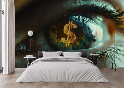 Close-up of an eye with the dollar sign in it, symbolizing financial success and wealth Wall mural