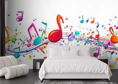 Colorful musical notes and treble clefs on a white background, vector illustration with space for text or message Wall mural