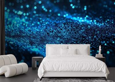 Digital background featuring blue glowing binary code, representing data technology and cybersecurity in a black space Wall mural