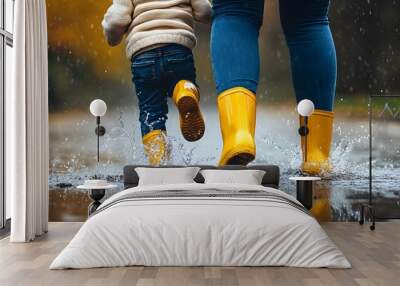 Photo of a mother and child wearing yellow rain boots jumping in puddles on an overcast day Wall mural