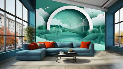 Simplified paper art scene featuring an eco-friendly circular design with wind turbines, trees, and greenery in the background. Wall mural