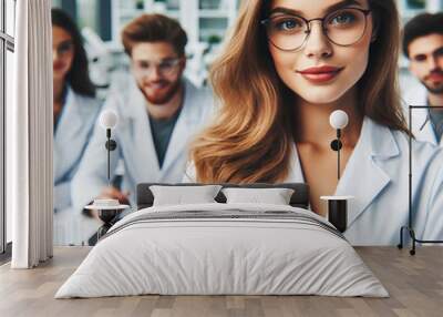 Beautiful young woman scientist wearing white coat and glasses in modern Medical Science Laboratory with Team of Specialists on background. Wall mural