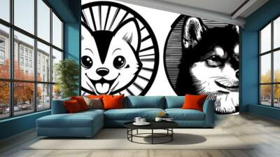 A black and white illustration of a Shiba dog with an art nouveau-style decoration, stencil logo, and a stencil logo of the brand Wall mural