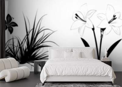 A black silhouette with an illustration of a tulip. Wall mural