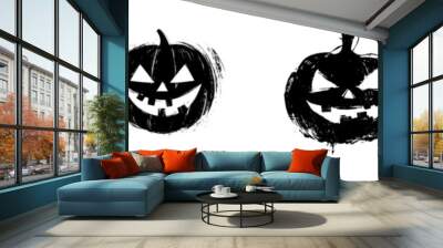 A black textured smiling pumpkin illustration. Spooky jack-o-lantern smiling. A Halloween carved pumpkin squash. A charming autumn decoration, modern object. Isolated hand drawn clipart. Wall mural