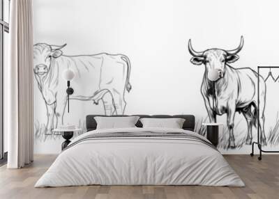 A cattle with grass in continuous line art drawing style. Lineart illustration of a cow in abstract and minimalist linear style. Modern illustration of cattle with grass. Wall mural