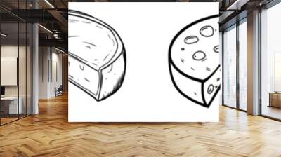 A drawing of cheese in continuous line art style. A wheel of cheese is surrounded by a cut piece of cheese. The drawing is isolated on a white background. Wall mural