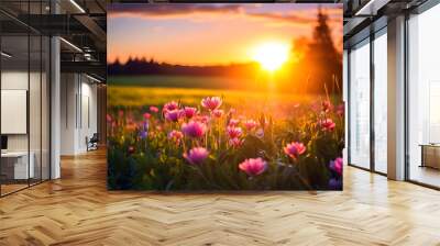 A gorgeous, picturesque sunset with a field of pink flowers stretching as far as the eye can see. The setting sun casts a beautiful golden light, creating a breathtaking scene that will stay with you. Wall mural