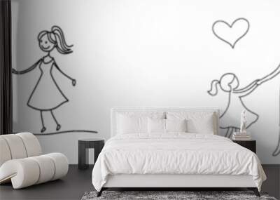 A happy mom holding her female child in continuous line drawing style. Mother and daughter spinning around holding hands. Two generations of women. Black linear sketch isolated on white. Wall mural