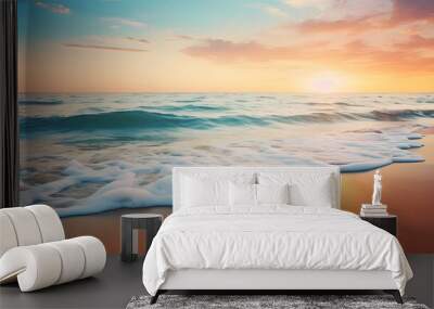 A peaceful beach scene of foamy waves crashing against the shore. The crisp ocean air and sound of the waves invite relaxation and tranquility. Come for a peaceful day of rest and rejuvenation. Wall mural