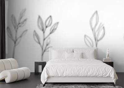 An abstract line drawing of florals and leaves with a watercolor background. Wall mural