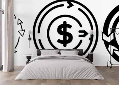 An icon showing a money coin rotating with two circular arrows in black and white Wall mural