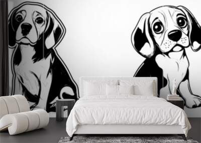 An illustration of a cute puppy with a bent head, looking guilty. An outline of a sad little puppy on a white background. Wall mural