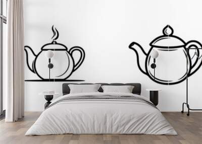 An illustration of a teapot drawn in a continuous line style. This black linear design has a classic style teaware design against a white background. Wall mural