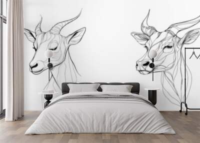 An ox in continuous line art drawing style. A black linear sketch of a bellowing bull isolated on white. Wall mural