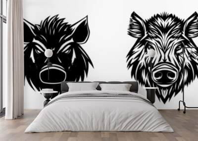 Animals in wildlife. Black and white illustration of the head of a wild boar. Eyes and snout have an aggressive look. Wildlife Animals. Wall mural