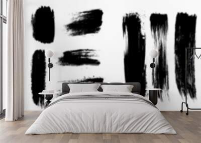 Black paint brush strokes set isolated on white background. Grunge backdrop and trendy brush strokes for black ink paint. Modern illustrator. Wall mural