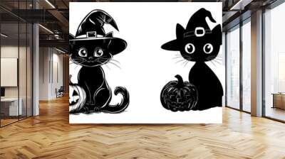 Cat with witch hat and pumpkin, Halloween hat and pumpkin illustration, SVG Wall mural