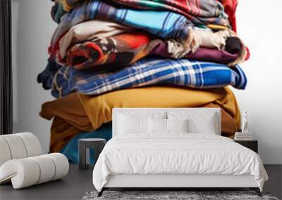 Closet Cascade: Towering Stack of Folded Clothing on Isolated PNG Background Wall mural