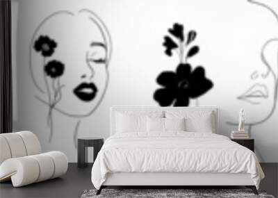 Continually line art in an elegant style of women's faces with flowers and leaves. Great for tattoos, posters, textiles, and cards. Wall mural