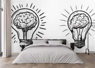 Creative idea doodle icon. Brain in light bulb modern illustration. Thin sign of innovation, solution, education logo. Wall mural