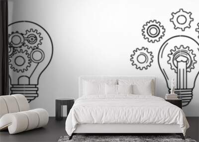 Design a single line drawing of a light bulb with a metal gear wheel inside for a machine company's logo identity. The design features a trendy continuous line drawing style with a modern feel to it. Wall mural