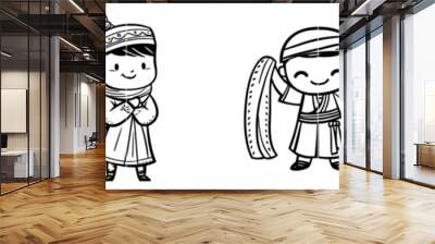 Doodle illustration of a Tibetan girl holding a piece of cloth for Losar Day Wall mural