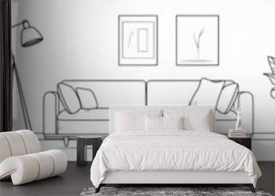 Doodle modern illustration of a living room interior with a bed, lamp, table, and plant. Living room interior in loft apartment. Modern furniture with a line style. Wall mural