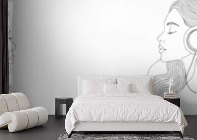 Drawing of a young woman wearing headphones and listening to music, line art modern illustration Wall mural