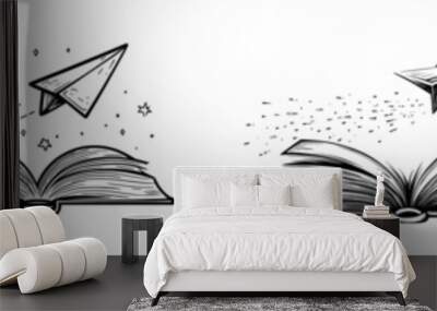 Drawing of an open book with a flying paper plane on a white background. Wall mural