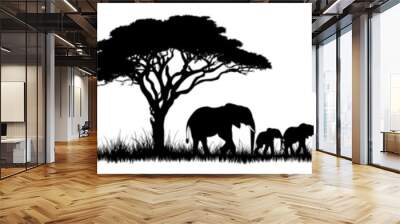 Elephants in a forest, Silhouettes elephants in nature, Elephants in nature, Silhouettes elephants in nature, Vector, Silhouettes elephants in nature Wall mural