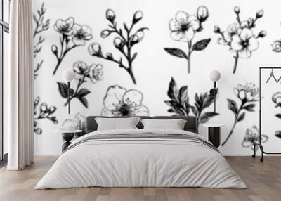 Flowing spring flowers and birch twigs. Magnolia, spirea, cherry blossom, dogwood, jasmine, quince, and birch twig. Black and white illustration of a vintage modern botanical. Wall mural