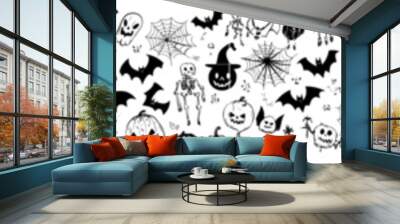 Greeting card and poster icon and element collection for Helloween. Concept illustration with sign and symbol. Flat design cartoon. Wall mural