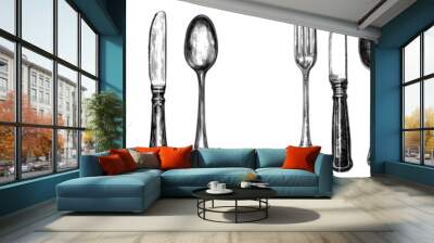 Hand drawn cutlery. Soup spoon fork knife isolated Wall mural