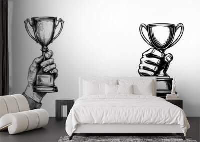 Hand drawn modern illustration realistic sketch of a strong hand holding a trophy Wall mural