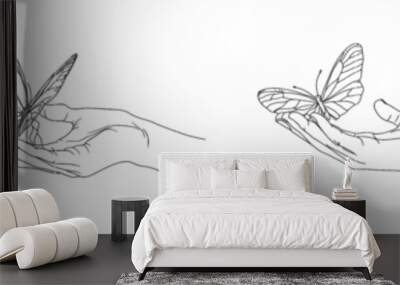 Hand drawn one line drawing of a butterfly flying over a white isolated background. Wall mural