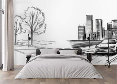 Hand drawn sketch illustration of Palm Bay, a city in Florida. View of a building with a landmark. Wall mural