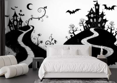 Haunted house drawn in white on a black background for Halloween Wall mural