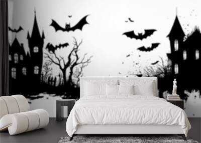 Haunted house illustration with bats and full moon symbolizing Halloween and horror Wall mural