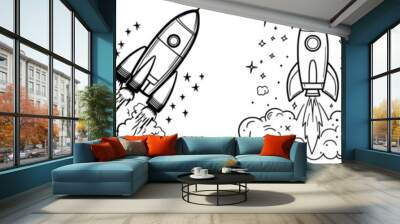 Illustration of a black and white rocket launching and a cloud of smoke rising from the base. Wall mural