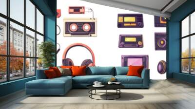 Illustration of a modern music player and vintage radio for listening to audiotapes Wall mural