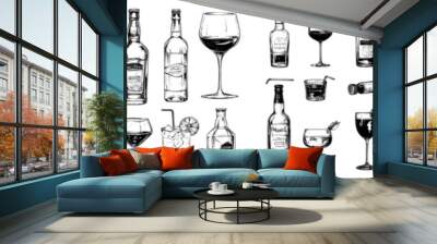 Illustration of alcoholic drinks hand-drawn in modern style. Wall mural