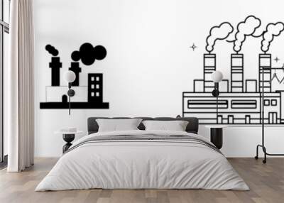 Industrial plant icon, isolated modern power station building or nuclear reactor. Factory emulation of gas station or refinery with steaming pipes, emblem of energy production. Wall mural